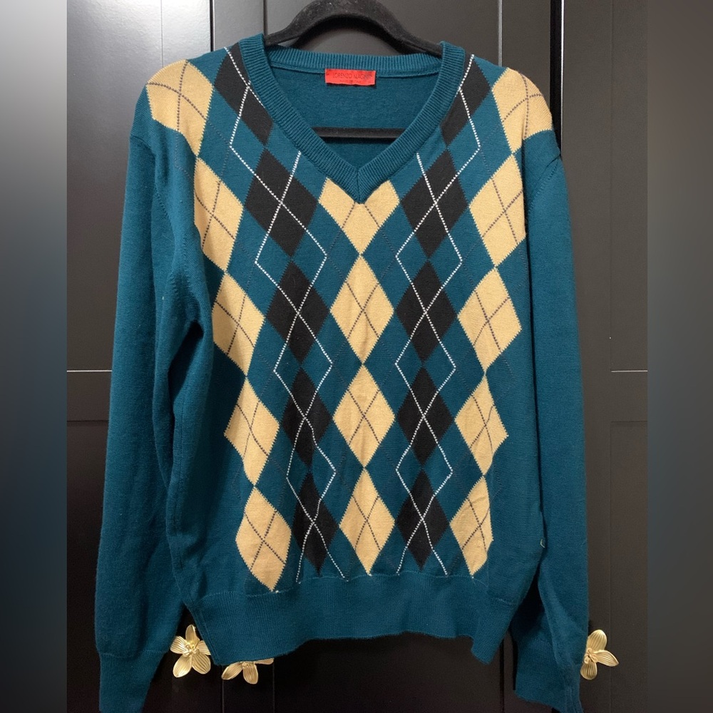 Lorenzo Magni Men’s Teal Argyle V-Neck Sweater, size large,merino wool,classic
